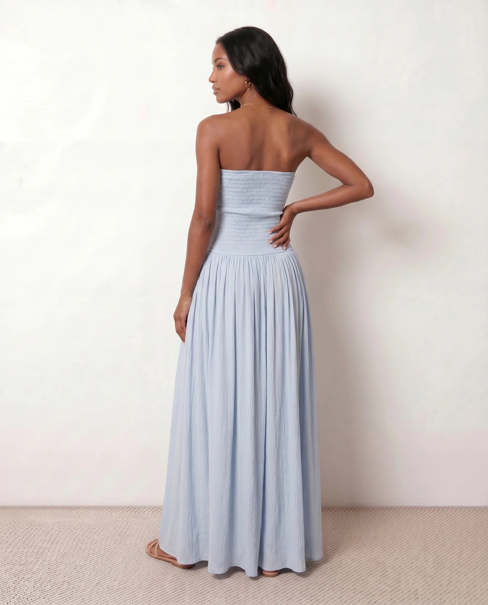 Zofia Wedding Guest Strapless Maxi Dress in Light Blue — back view
