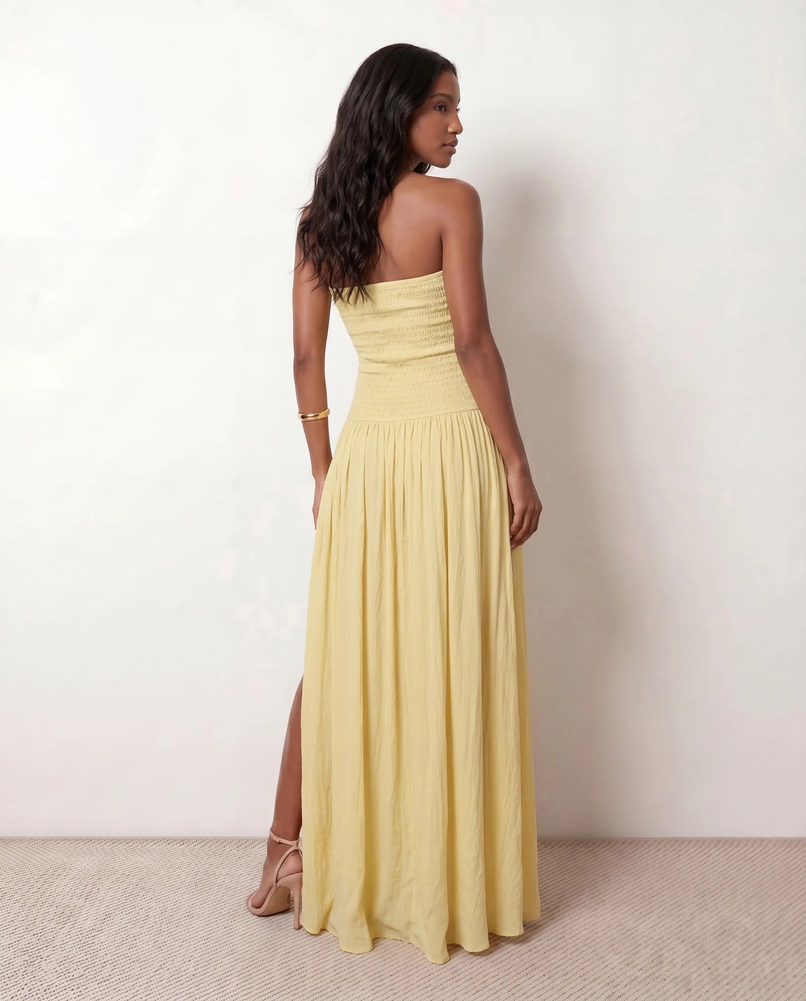 Zofia Wedding Guest Strapless Maxi Dress in Yellow — back view