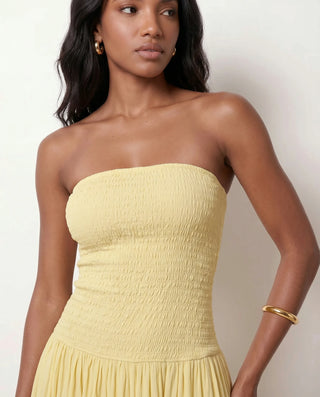 Zofia Wedding Guest Strapless Maxi Dress in Yellow — detail close-up