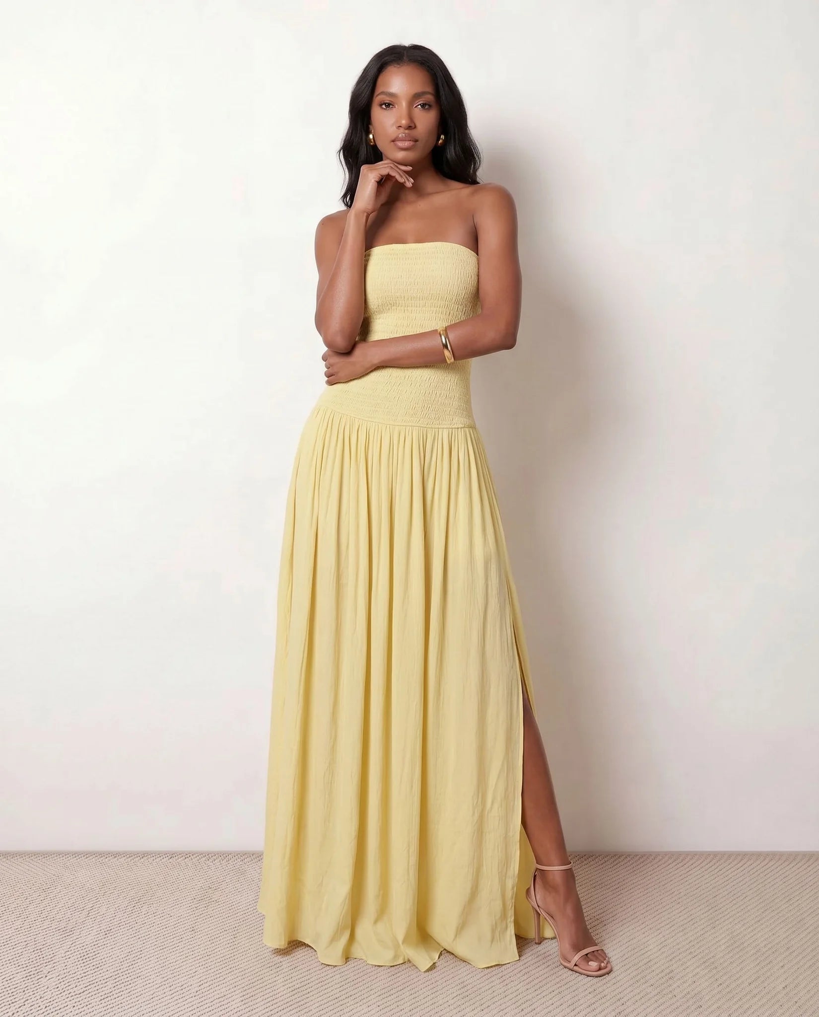 Zofia Wedding Guest Strapless Maxi Dress in Yellow — front view