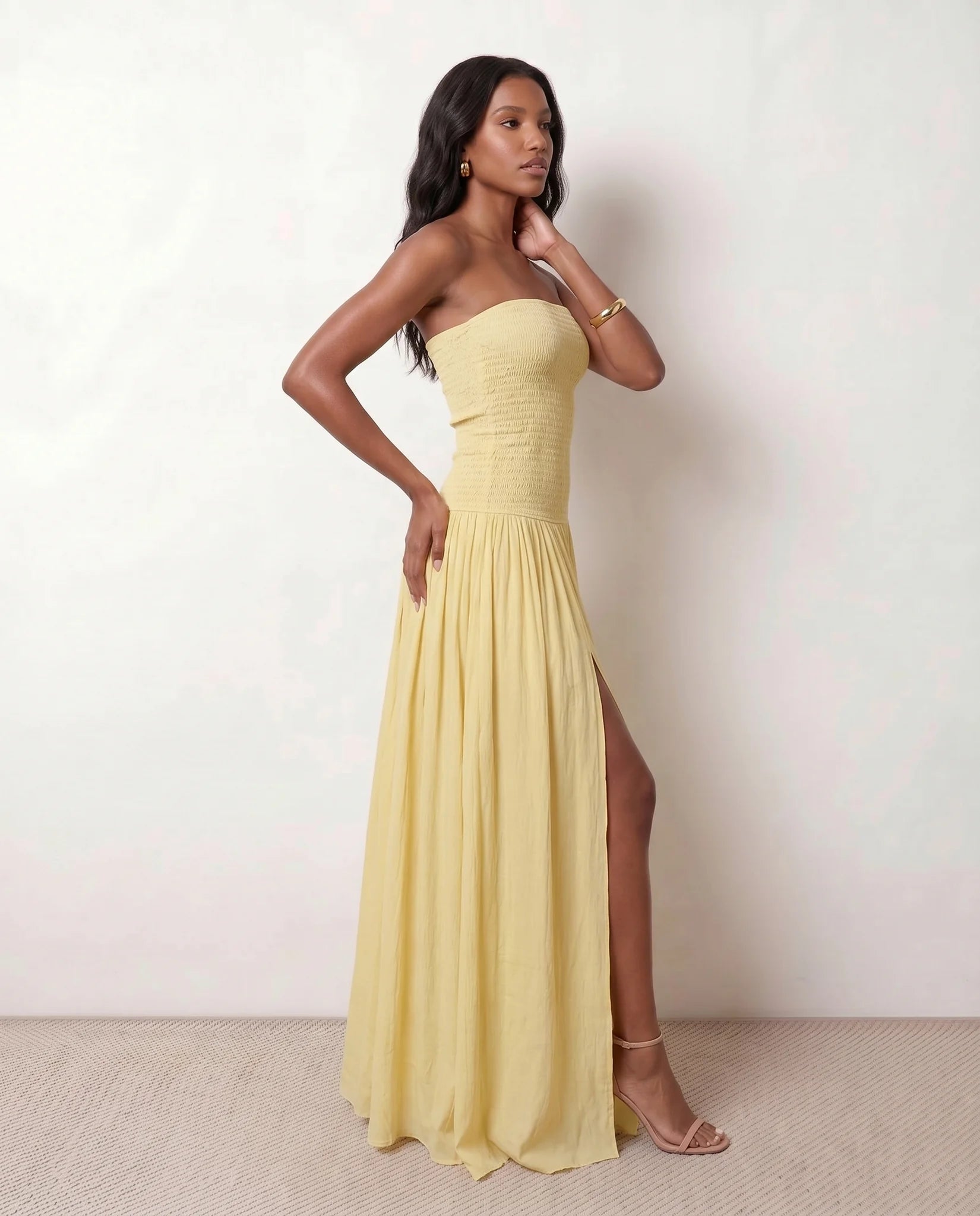 Zofia Wedding Guest Strapless Maxi Dress in Yellow — side view