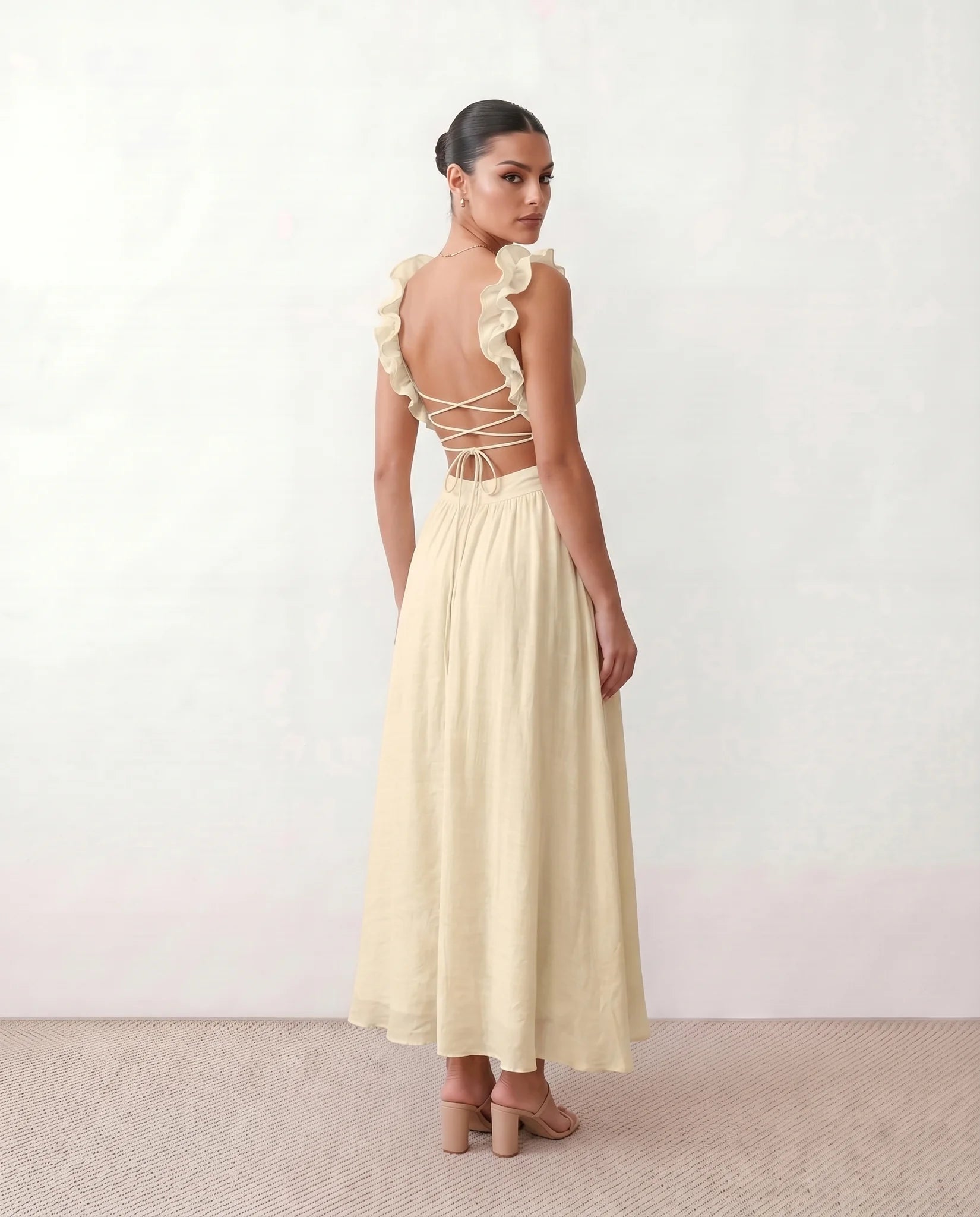 Giedre Wedding Guest V-Neck Midi Dress in Beige — back view