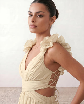 Giedre Wedding Guest V-Neck Midi Dress in Beige — detail close-up