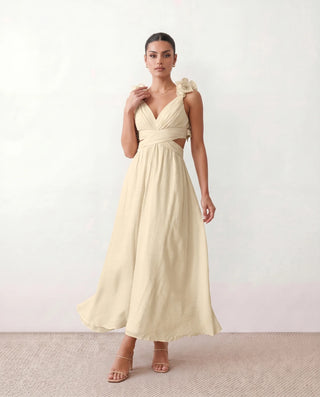 Giedre Wedding Guest V-Neck Midi Dress in Beige — front view