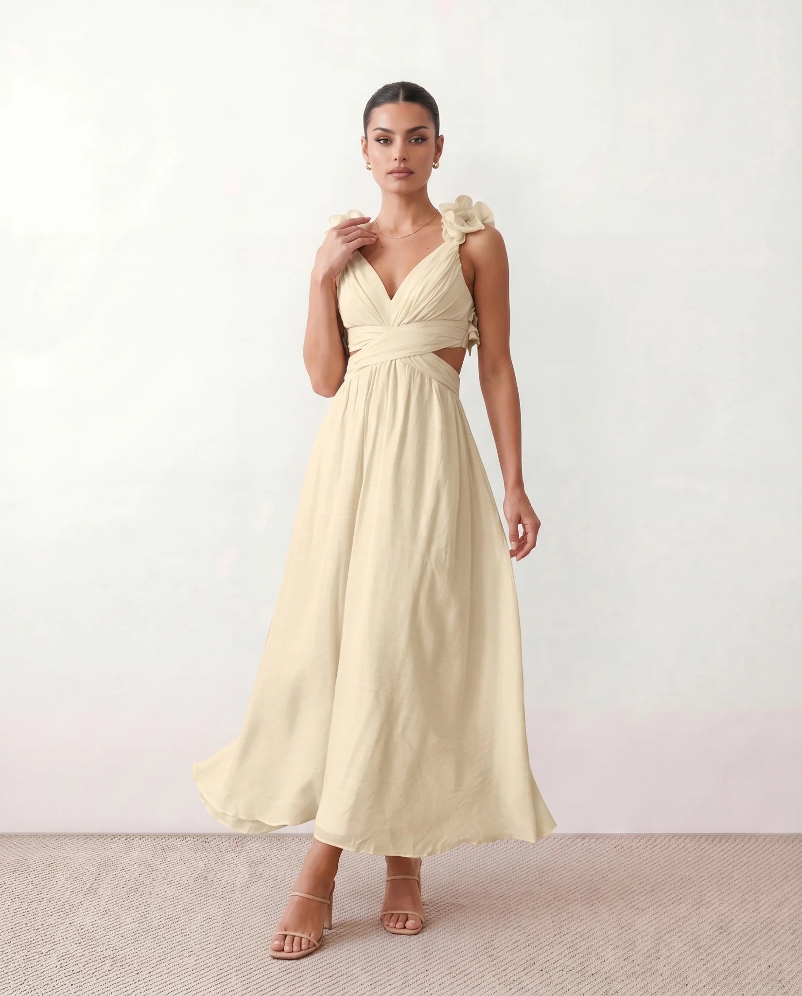Giedre Wedding Guest V-Neck Midi Dress in Beige — front view