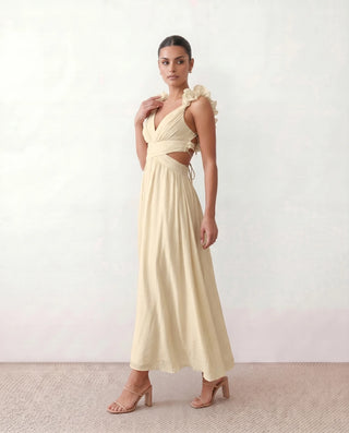 Giedre Wedding Guest V-Neck Midi Dress in Beige — side view