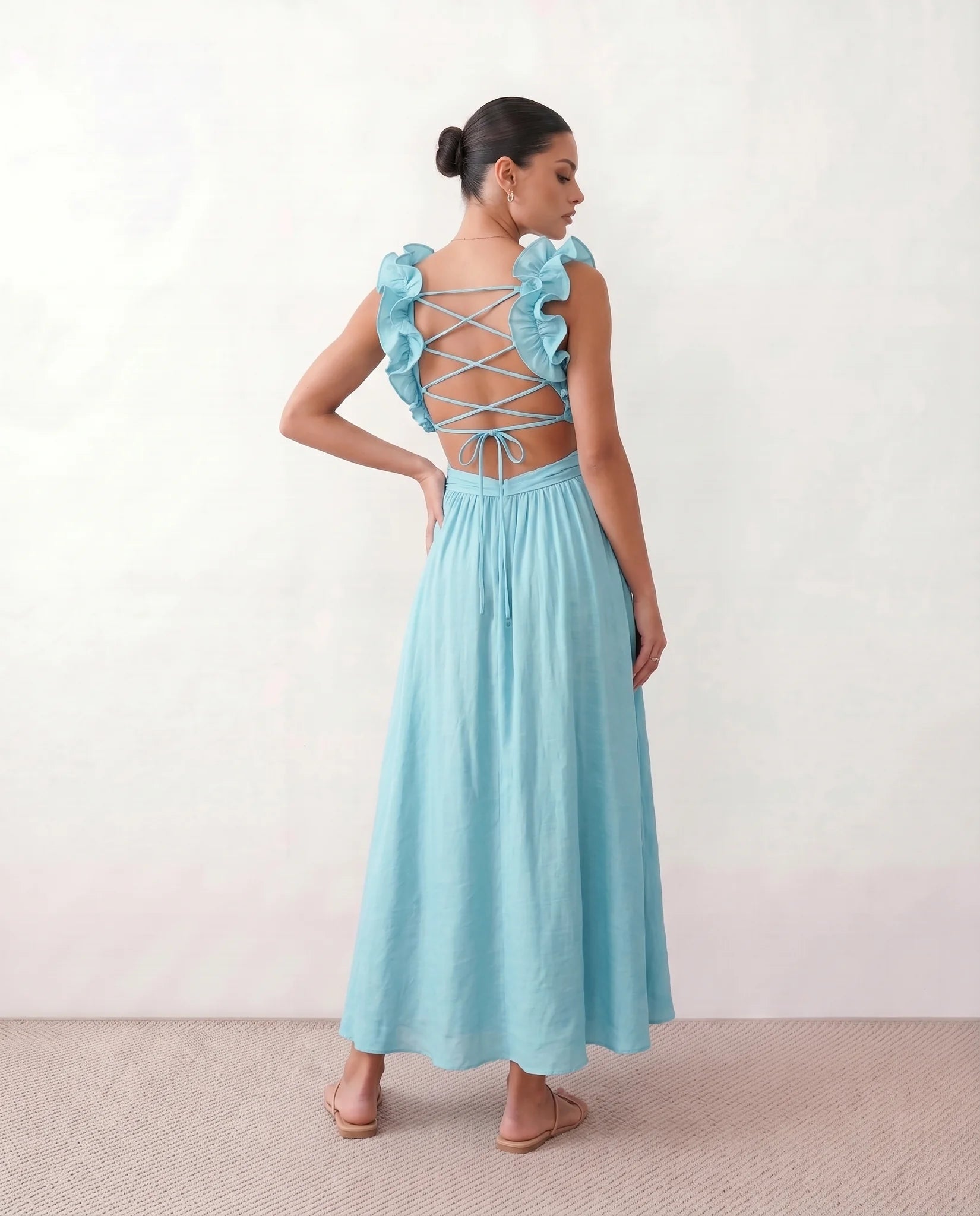 Giedre Wedding Guest V-Neck Midi Dress in Blue — back view