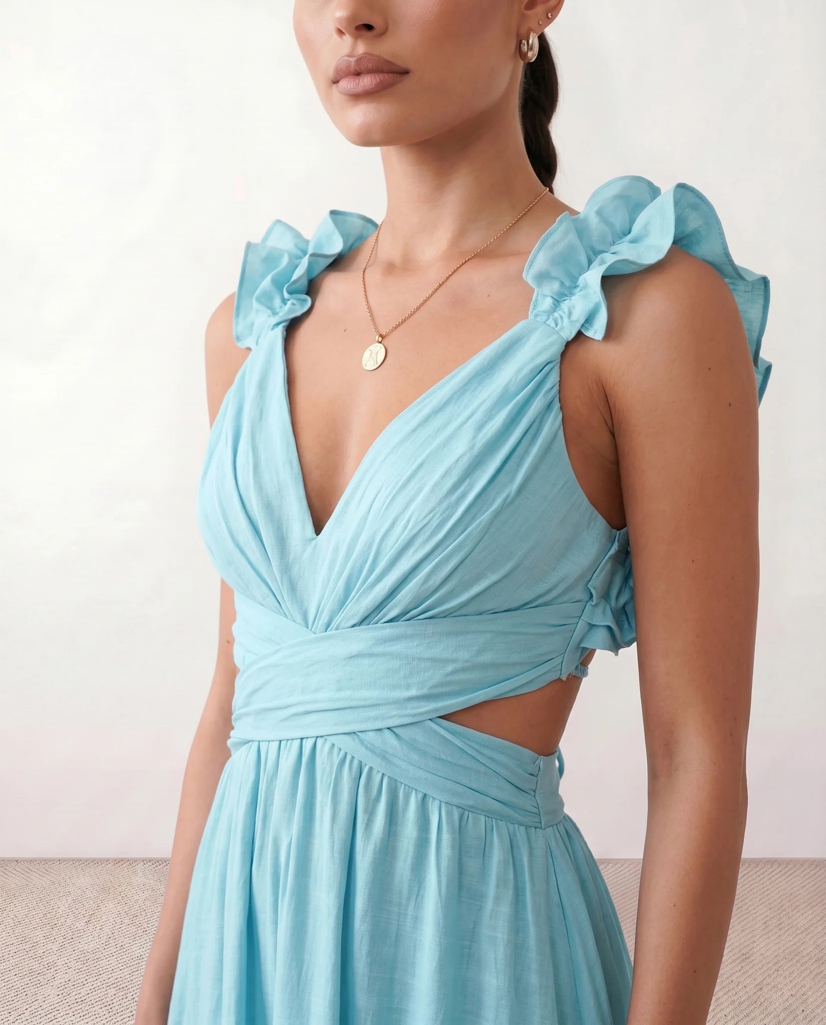 Giedre Wedding Guest V-Neck Midi Dress in Blue — detail close-up