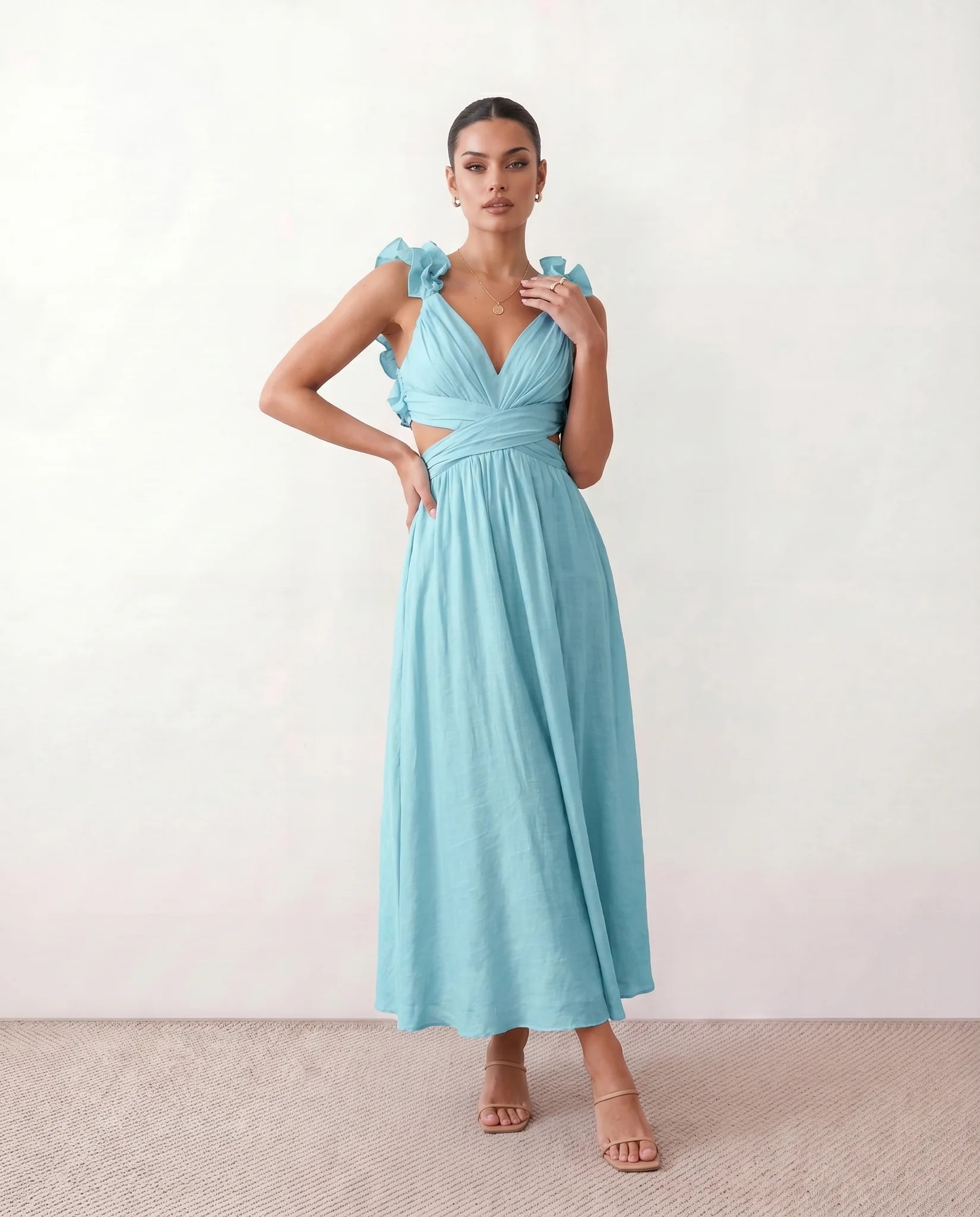Giedre Wedding Guest V-Neck Midi Dress in Blue — front view