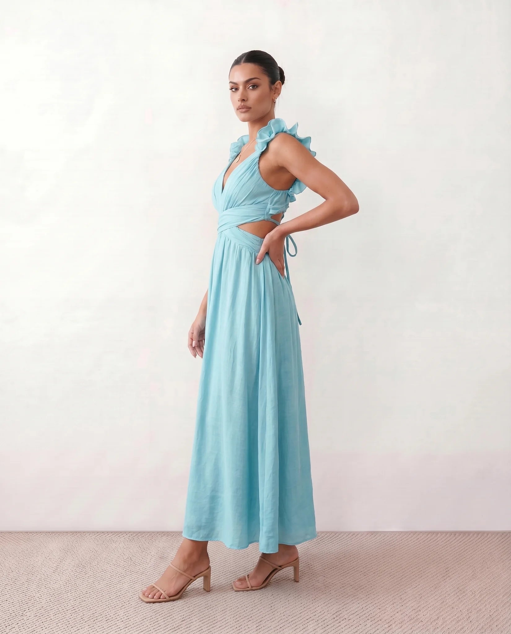 Giedre Wedding Guest V-Neck Midi Dress in Blue — side view