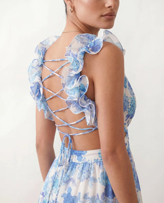 Giedre Wedding Guest V-Neck Midi Dress in Floral Blue — detail close-up