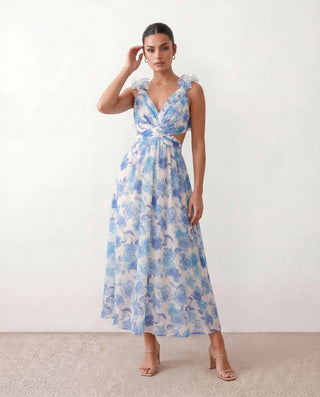 Giedre Wedding Guest V-Neck Midi Dress in Floral Blue — front view