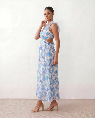 Giedre Wedding Guest V-Neck Midi Dress in Floral Blue — side view