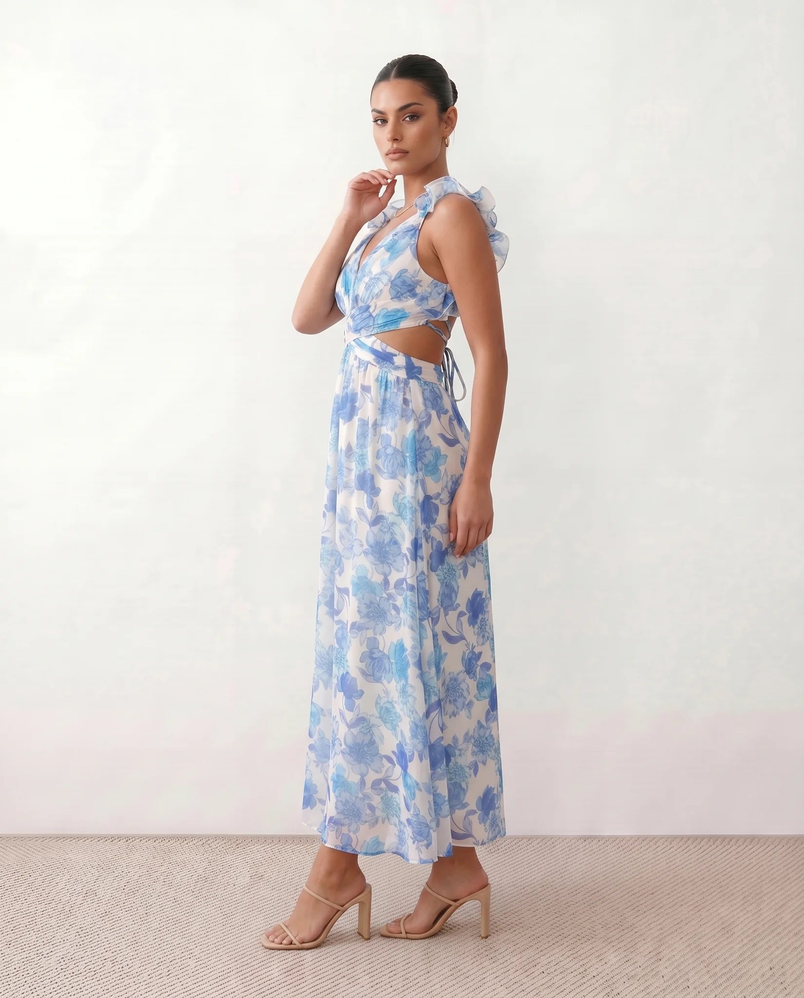 Giedre Wedding Guest V-Neck Midi Dress in Floral Blue — side view
