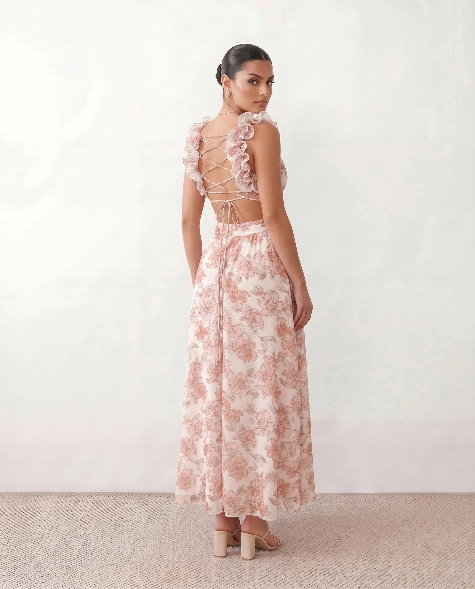 Giedre Wedding Guest V-Neck Midi Dress in Floral White — back view