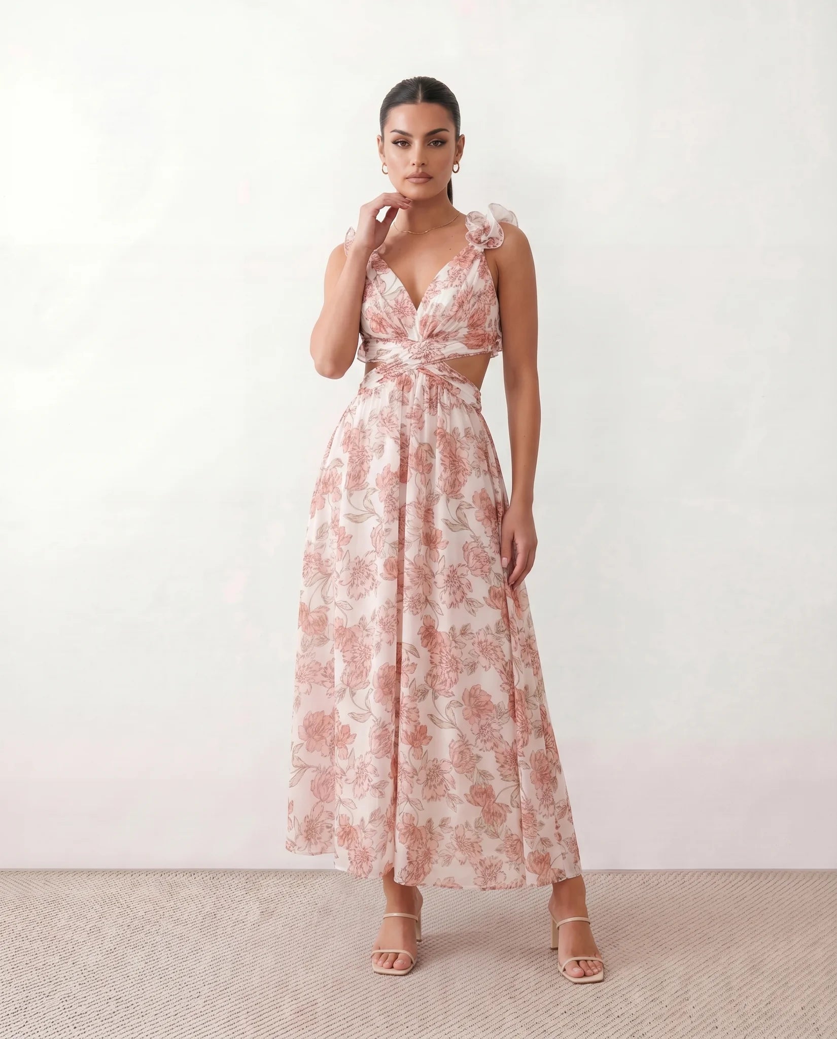 Giedre Wedding Guest V-Neck Midi Dress in Floral White — front view