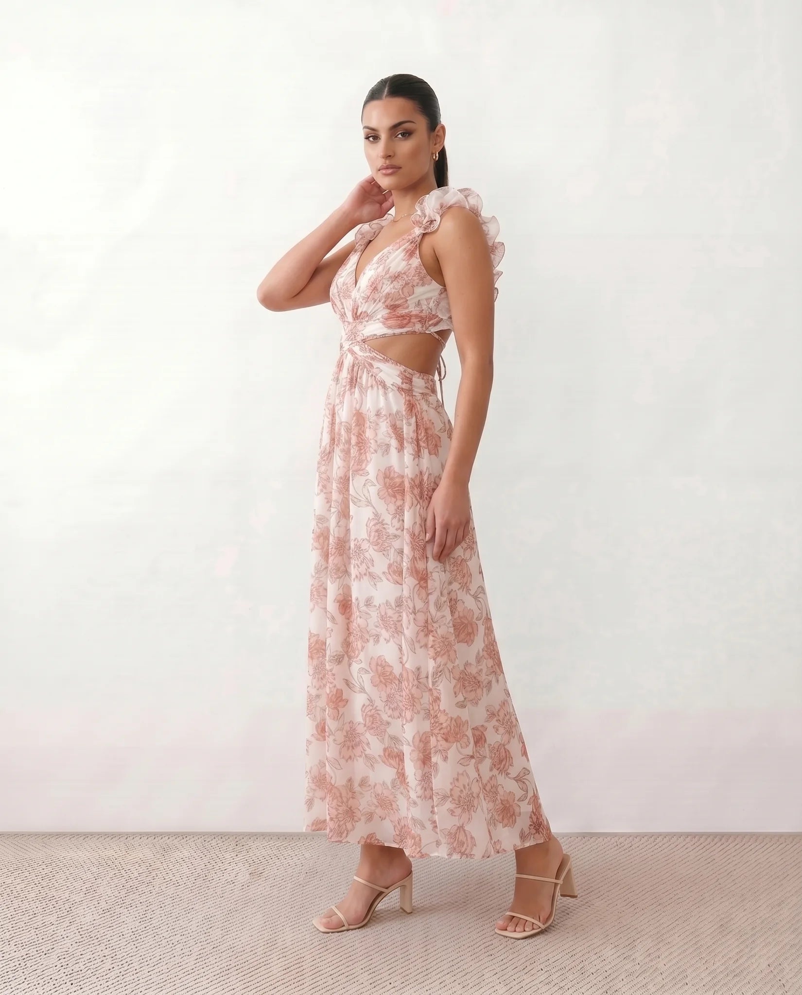 Giedre Wedding Guest V-Neck Midi Dress in Floral White — side view