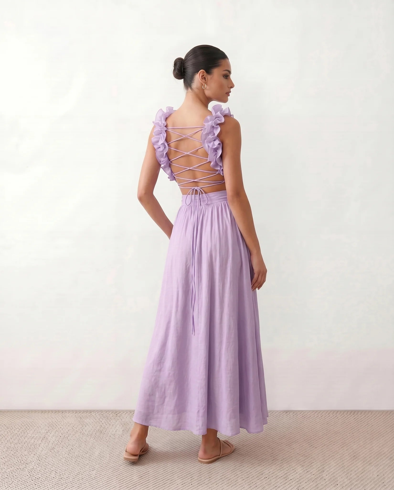 Giedre Wedding Guest V-Neck Midi Dress in Purple — back view