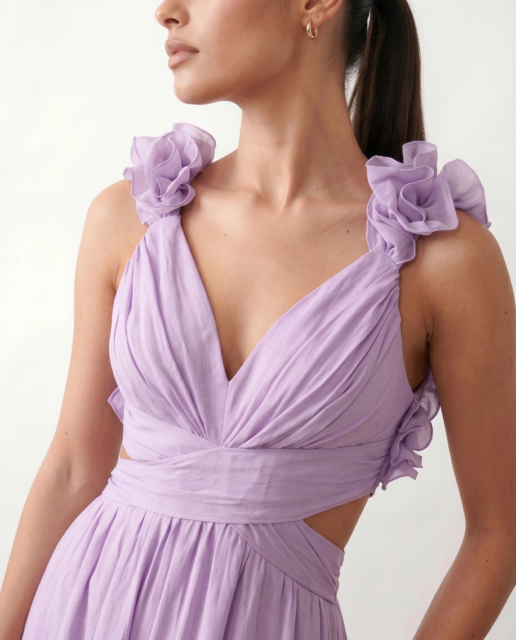 Giedre Wedding Guest V-Neck Midi Dress in Purple — detail close-up