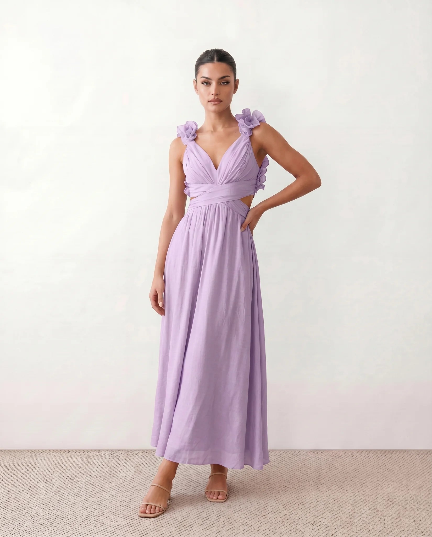 Giedre Wedding Guest V-Neck Midi Dress in Purple — front view