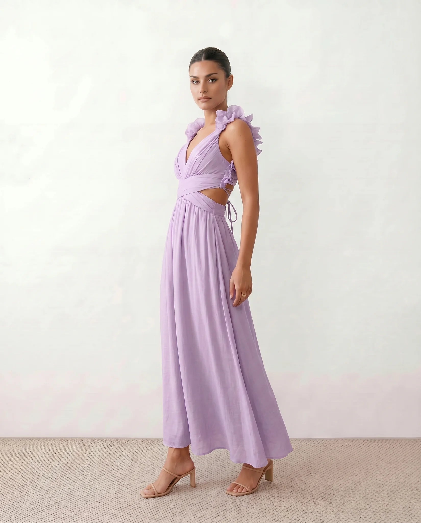 Giedre Wedding Guest V-Neck Midi Dress in Purple — side view