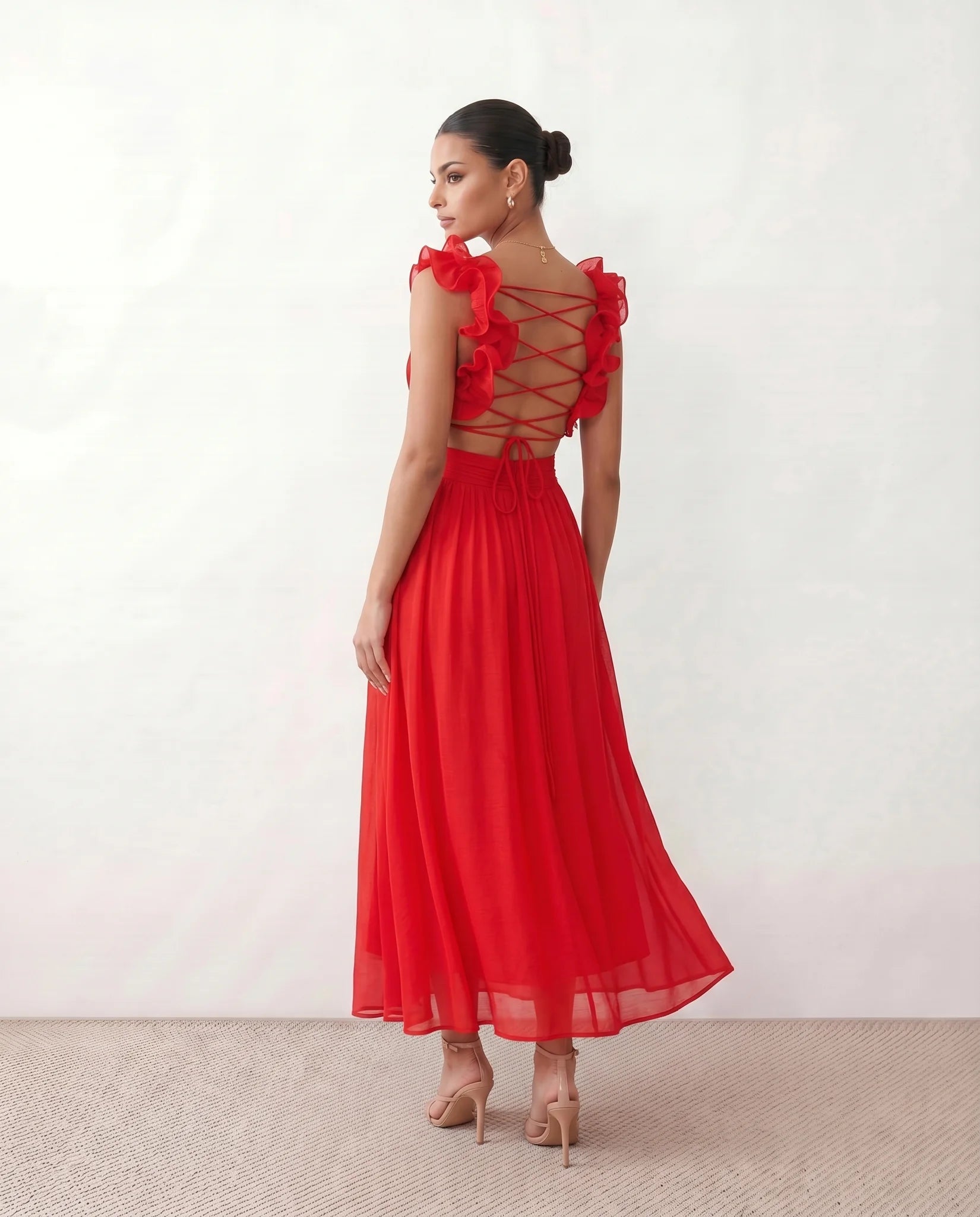 Giedre Wedding Guest V-Neck Midi Dress in Red — back view
