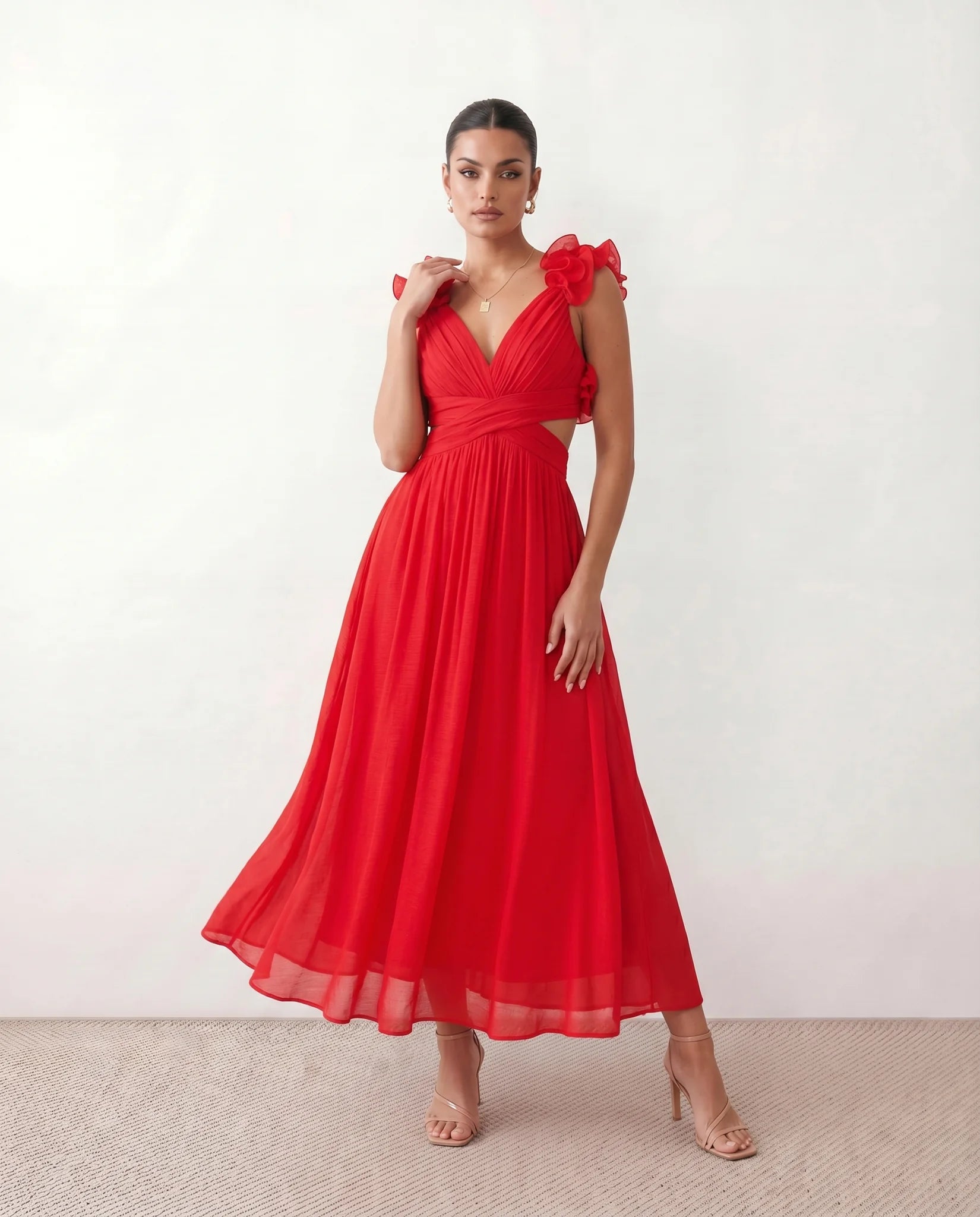 Giedre Wedding Guest V-Neck Midi Dress in Red — front view