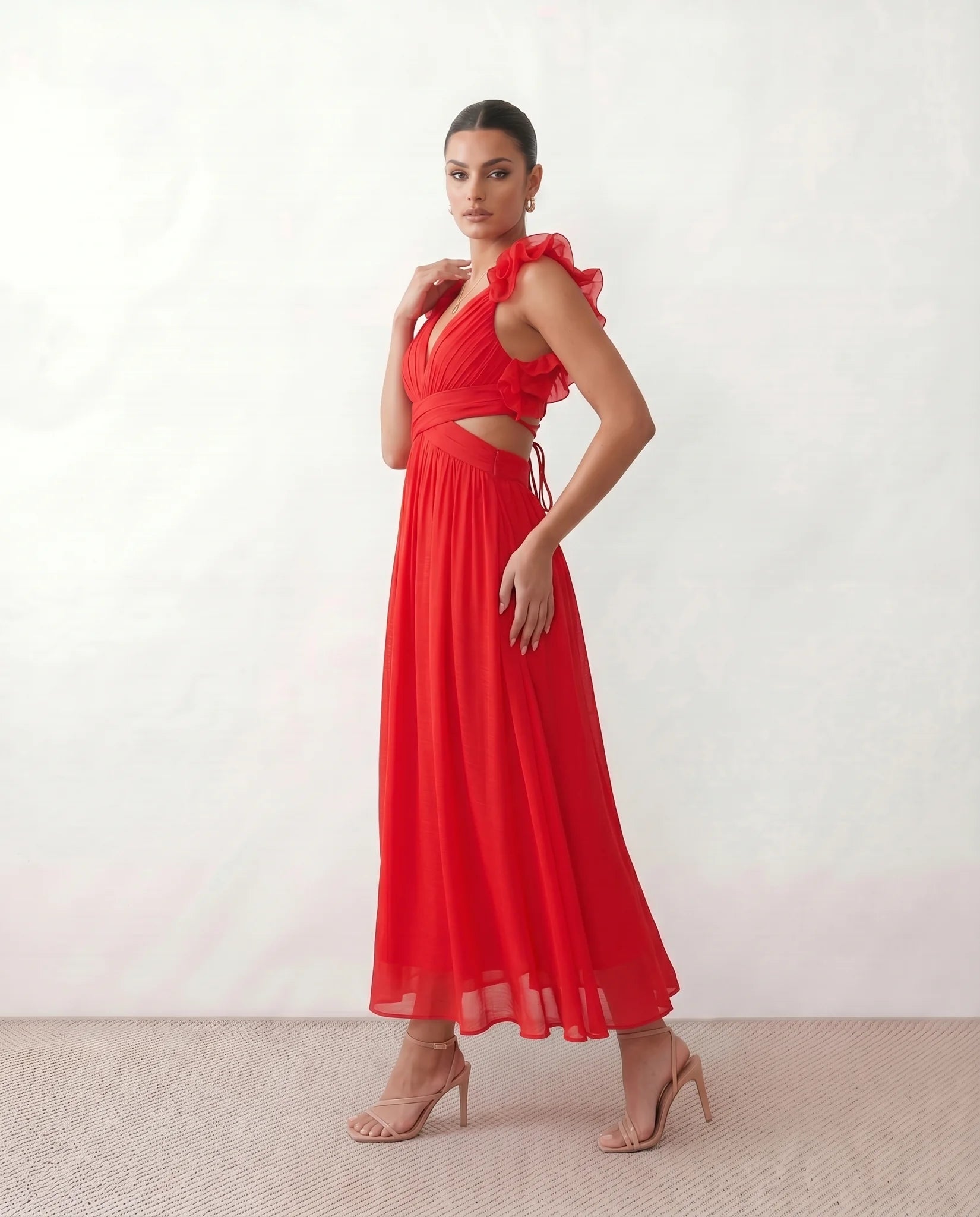 Giedre Wedding Guest V-Neck Midi Dress in Red — side view