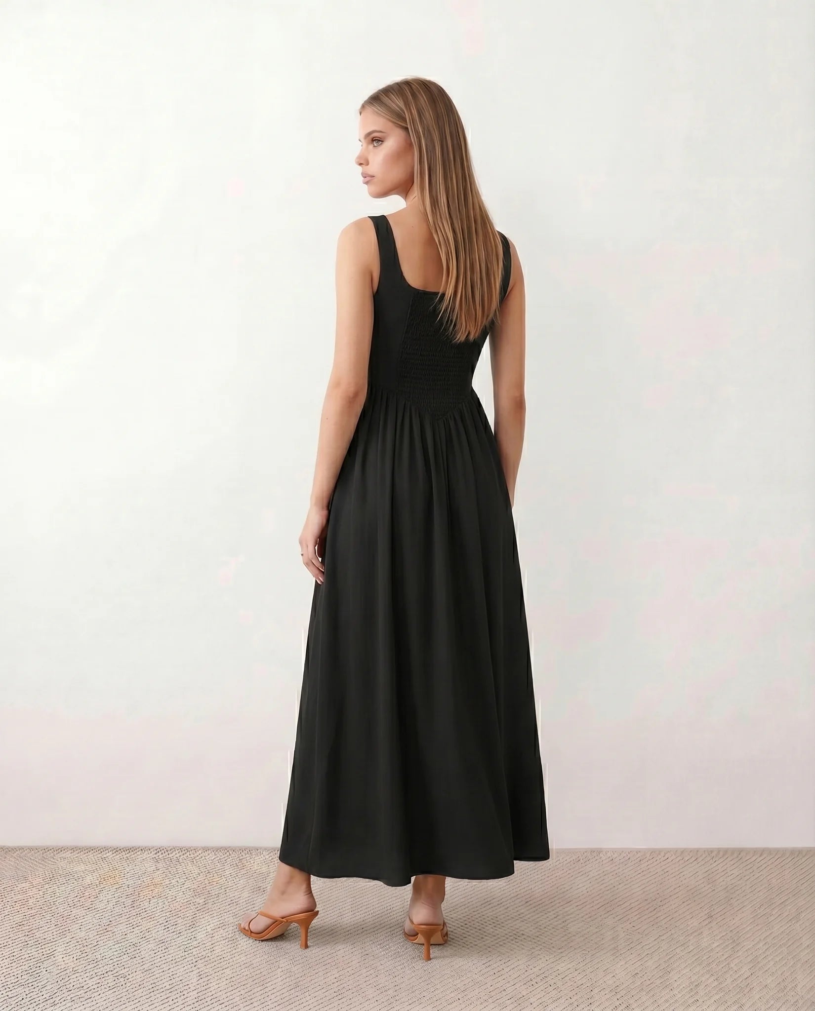 Colleen Wedding Guest Square Neck Maxi Dress in Black — back view