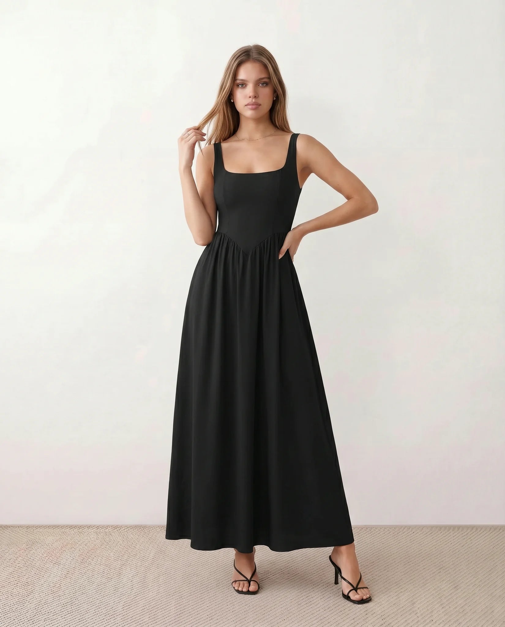 Colleen Wedding Guest Square Neck Maxi Dress in Black — front view