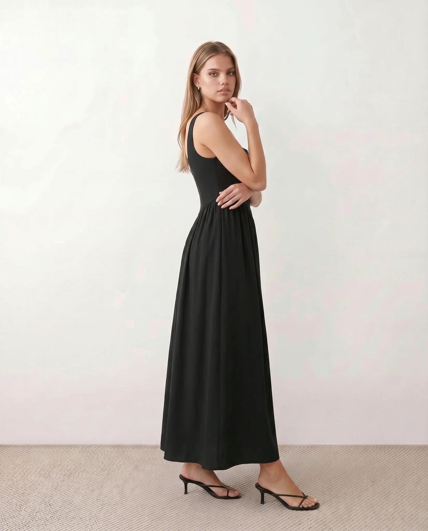 Colleen Wedding Guest Square Neck Maxi Dress in Black — side view