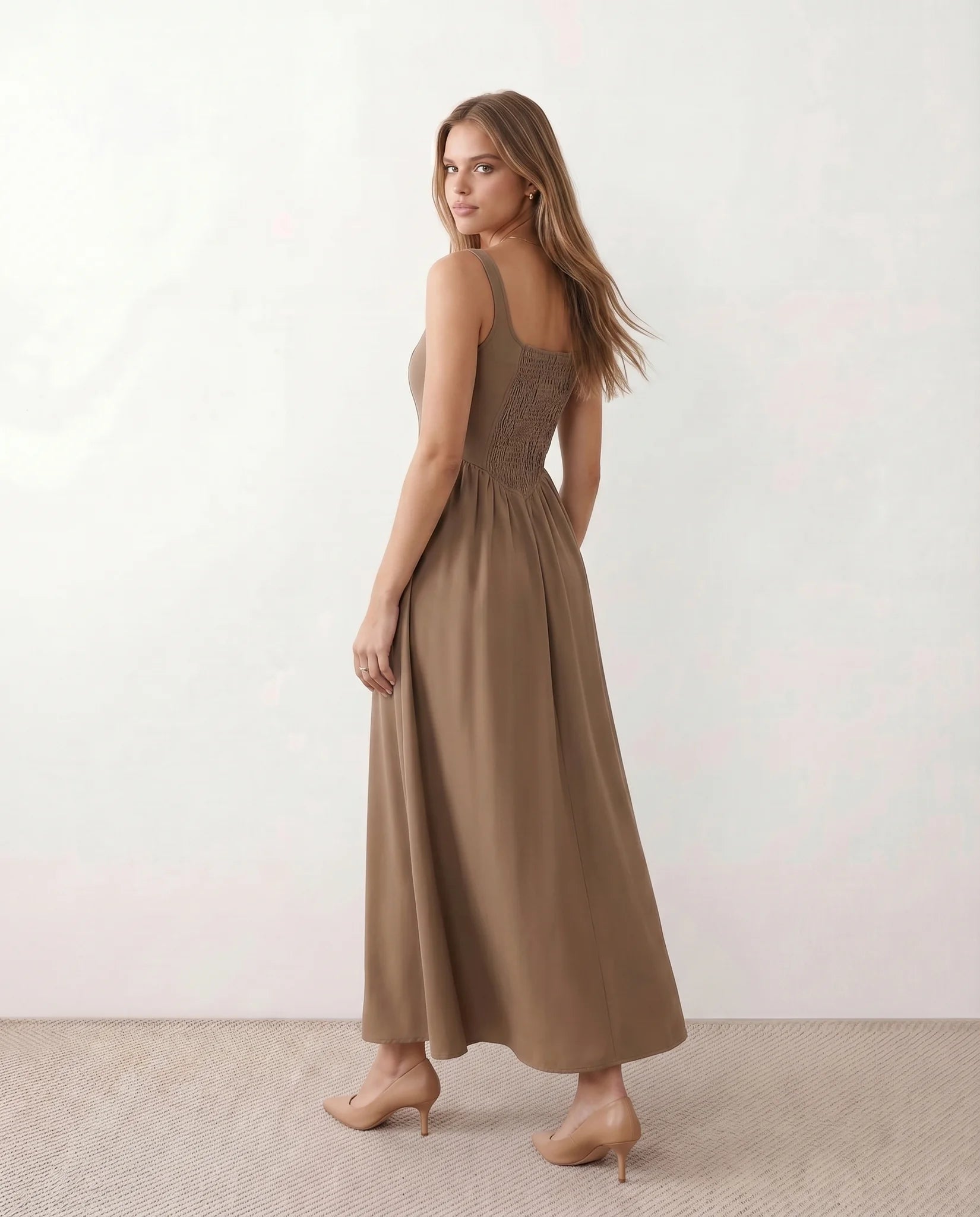 Colleen Wedding Guest Square Neck Maxi Dress in Brown — back view
