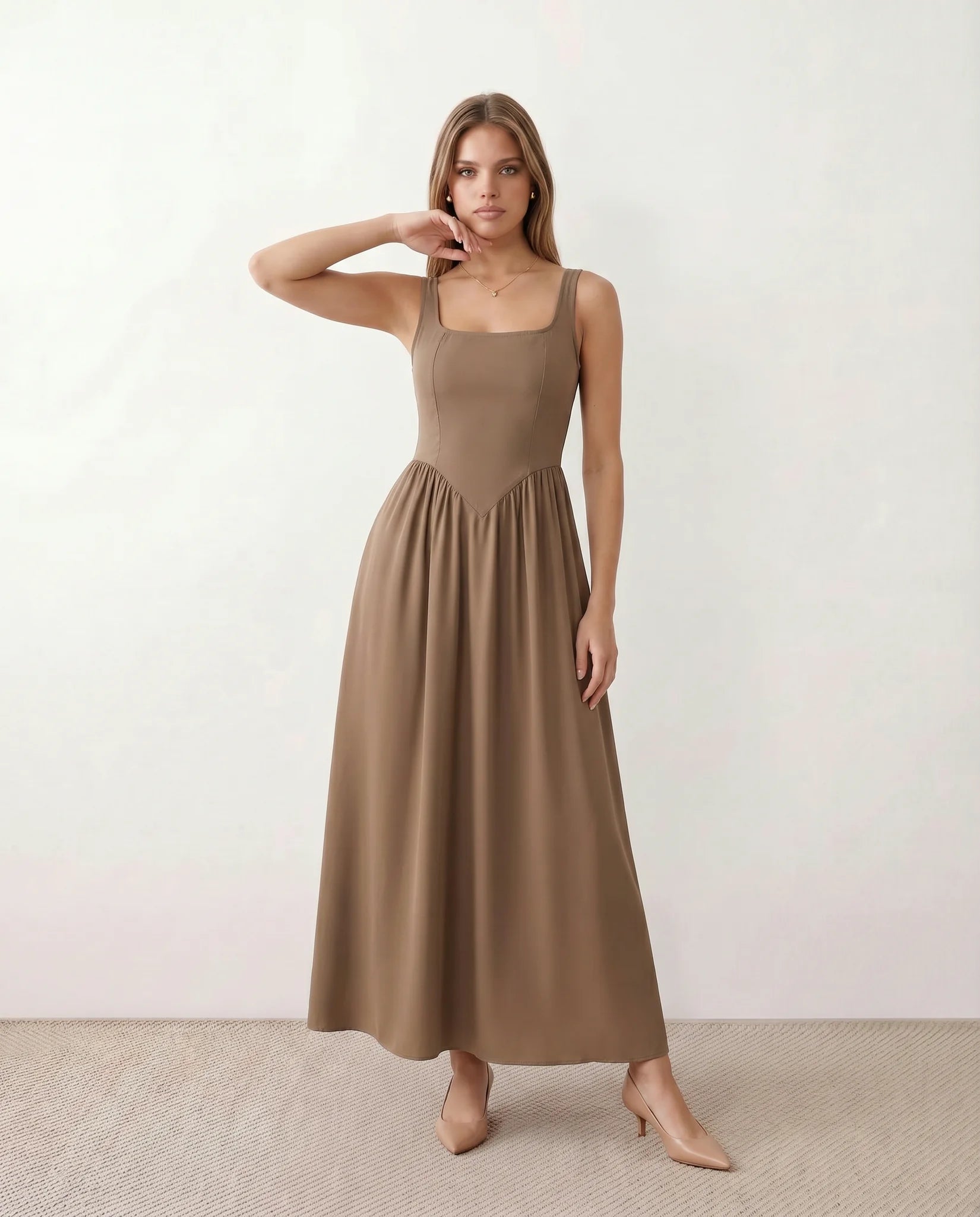 Colleen Wedding Guest Square Neck Maxi Dress in Brown — front view
