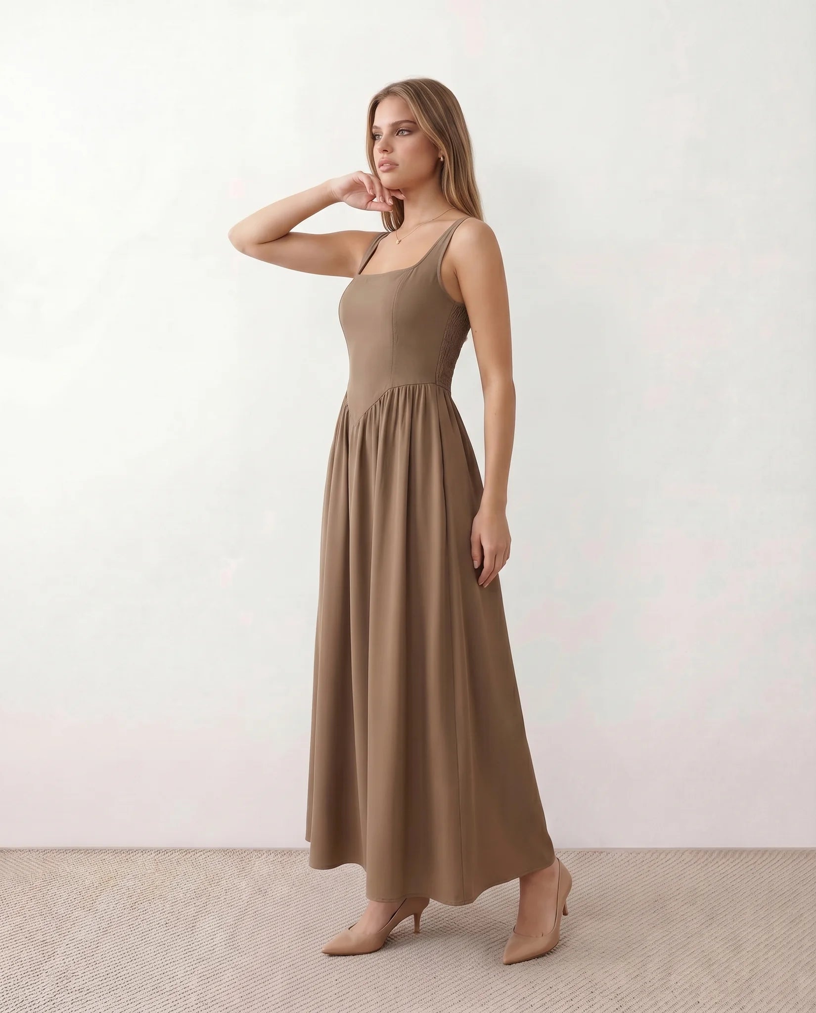 Colleen Wedding Guest Square Neck Maxi Dress in Brown — side view