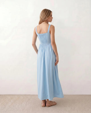 Colleen Wedding Guest Square Neck Maxi Dress in Light Blue — back view