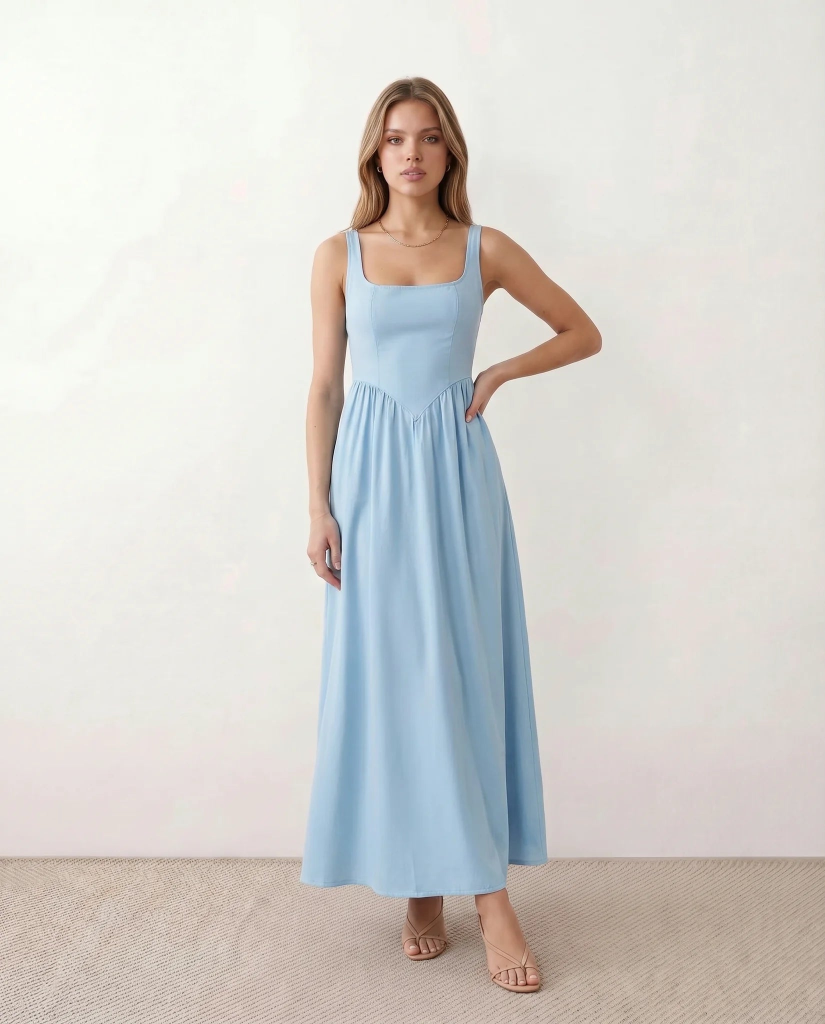 Colleen Wedding Guest Square Neck Maxi Dress in Light Blue — front view