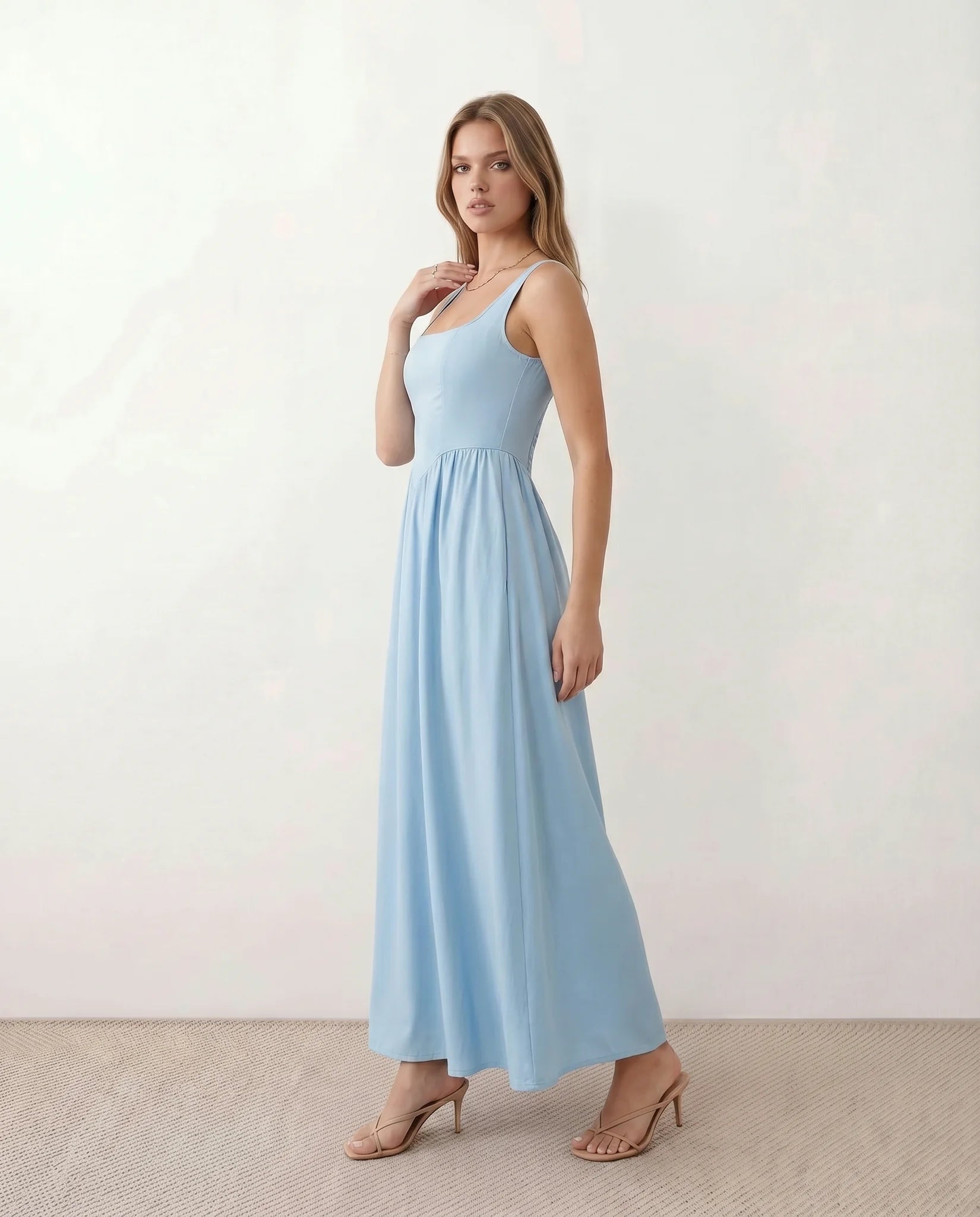 Colleen Wedding Guest Square Neck Maxi Dress in Light Blue — side view