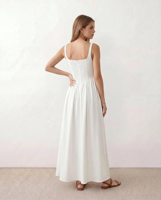 Colleen Wedding Guest Square Neck Maxi Dress in White — back view