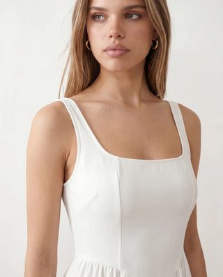 Colleen Wedding Guest Square Neck Maxi Dress in White — detail close-up