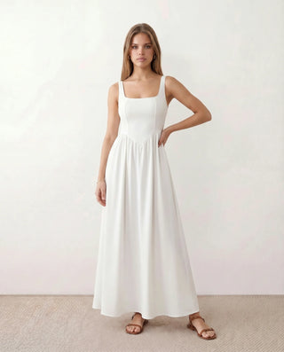 Colleen Wedding Guest Square Neck Maxi Dress in White — front view