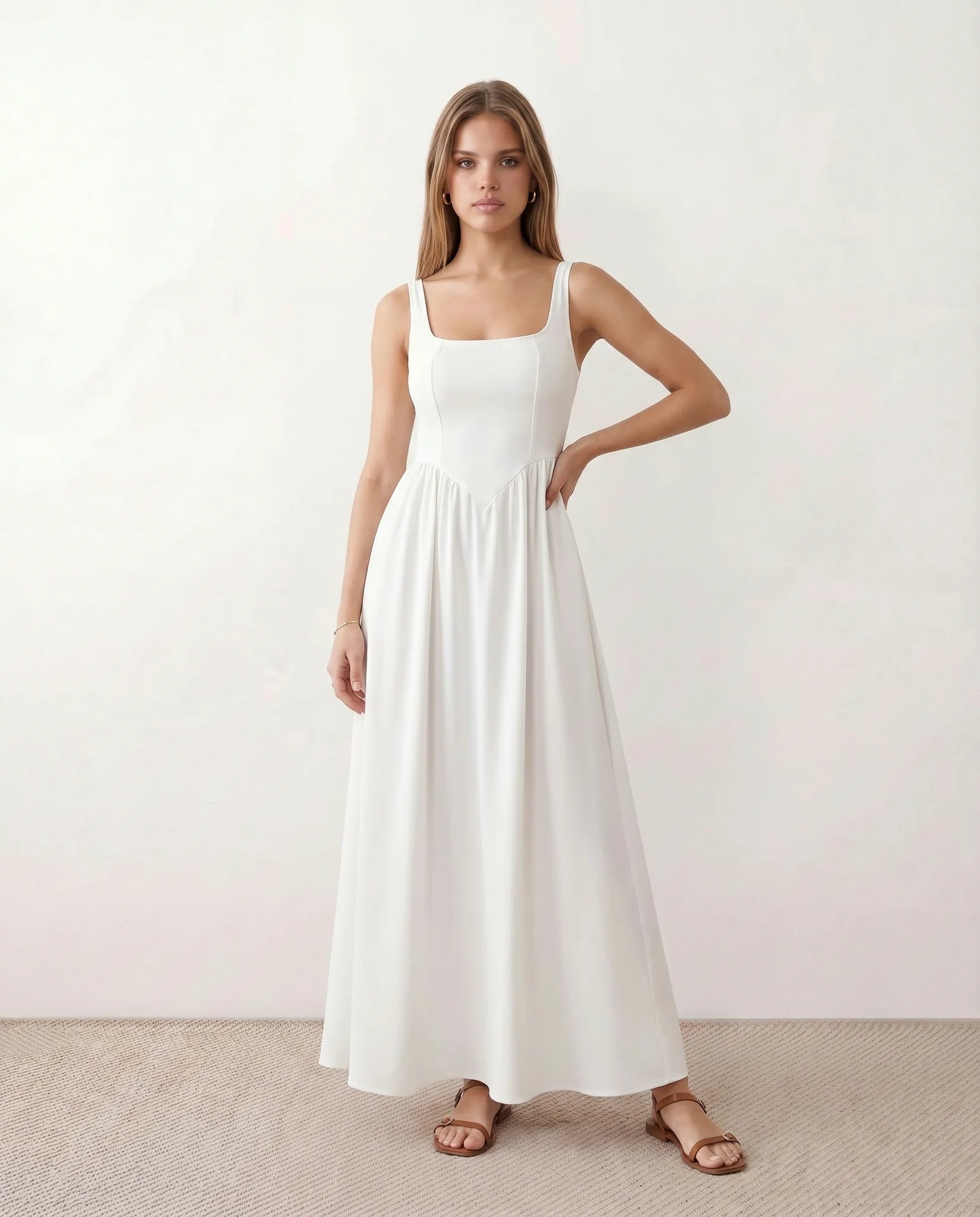 Colleen Wedding Guest Square Neck Maxi Dress in White — front view