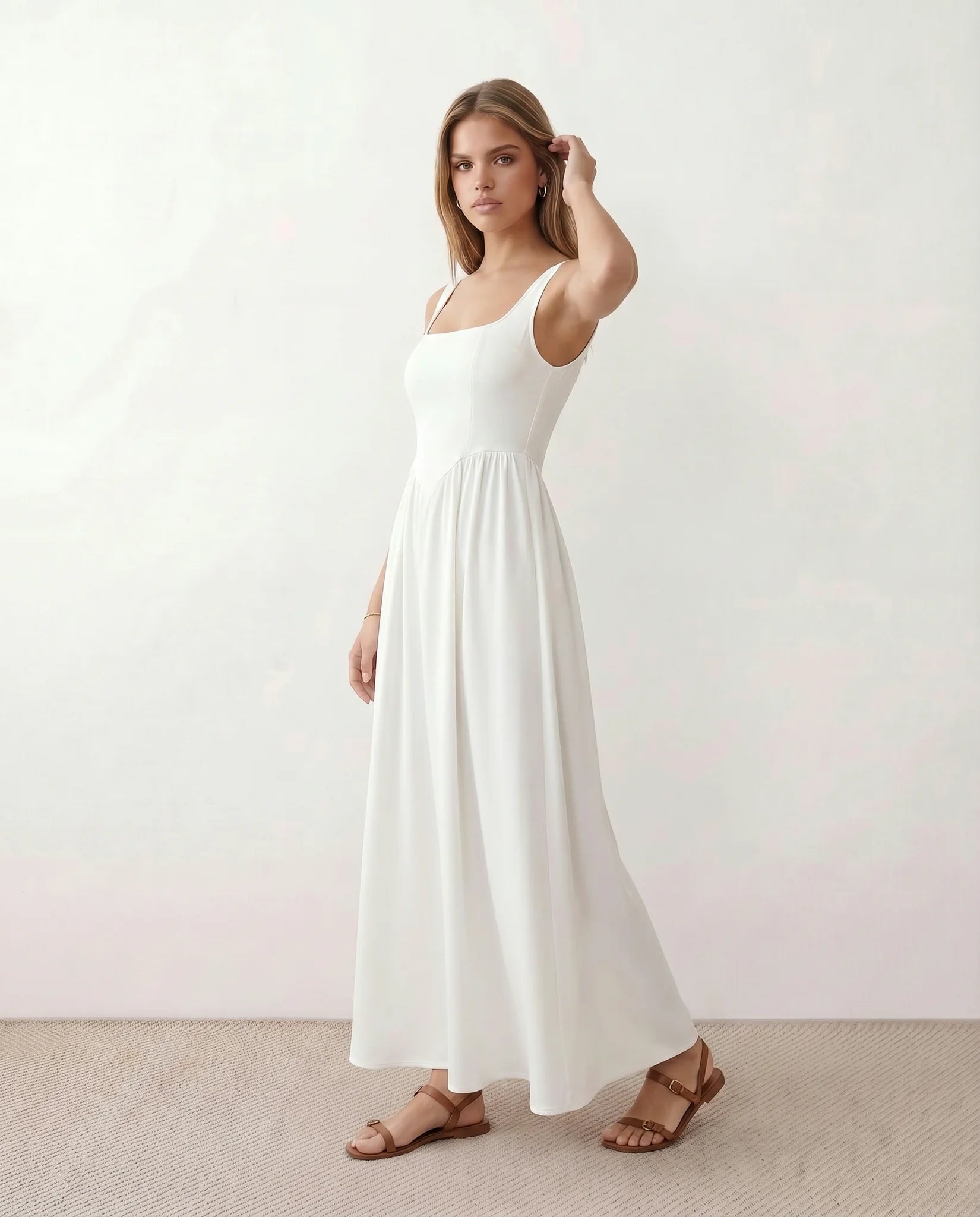 Colleen Wedding Guest Square Neck Maxi Dress in White — side view