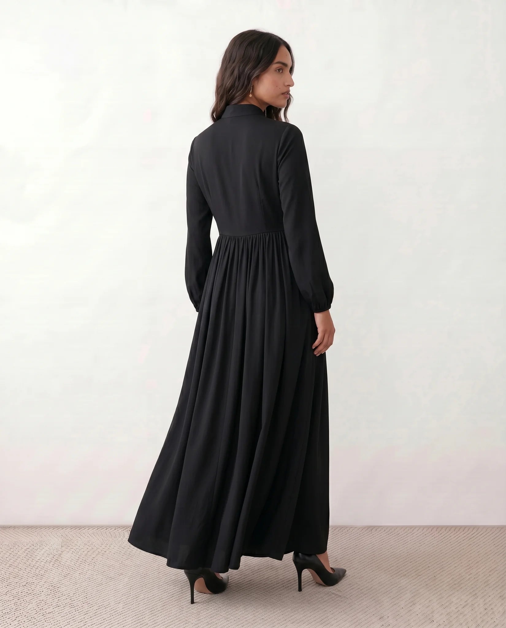 Raissa Wedding Guest Button Front Maxi Dress in Black — back view