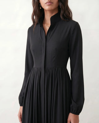 Raissa Wedding Guest Button Front Maxi Dress in Black — detail close-up
