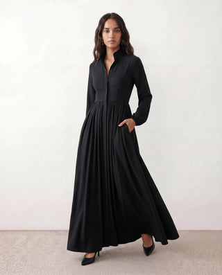 Raissa Wedding Guest Button Front Maxi Dress in Black — front view