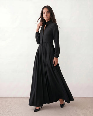 Raissa Wedding Guest Button Front Maxi Dress in Black — side view