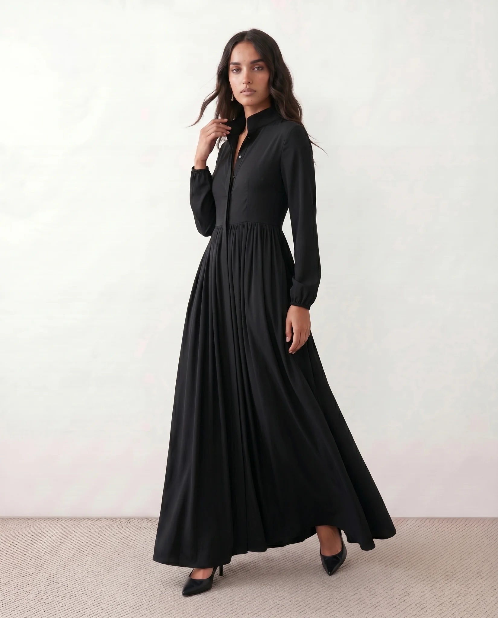 Raissa Wedding Guest Button Front Maxi Dress in Black — side view