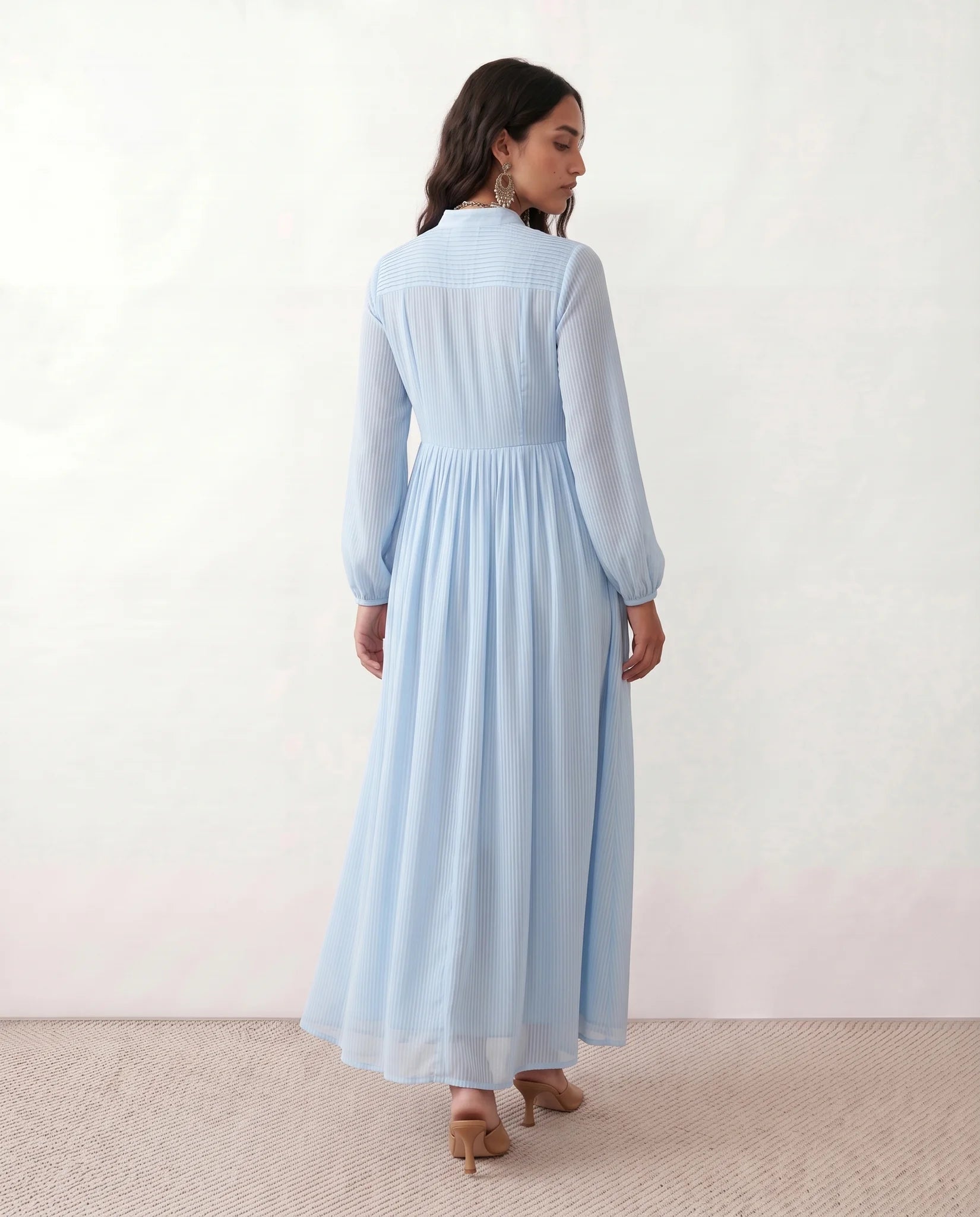 Raissa Wedding Guest Button Front Maxi Dress in Light Blue — back view