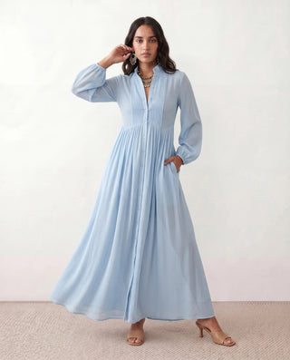 Raissa Wedding Guest Button Front Maxi Dress in Light Blue — front view