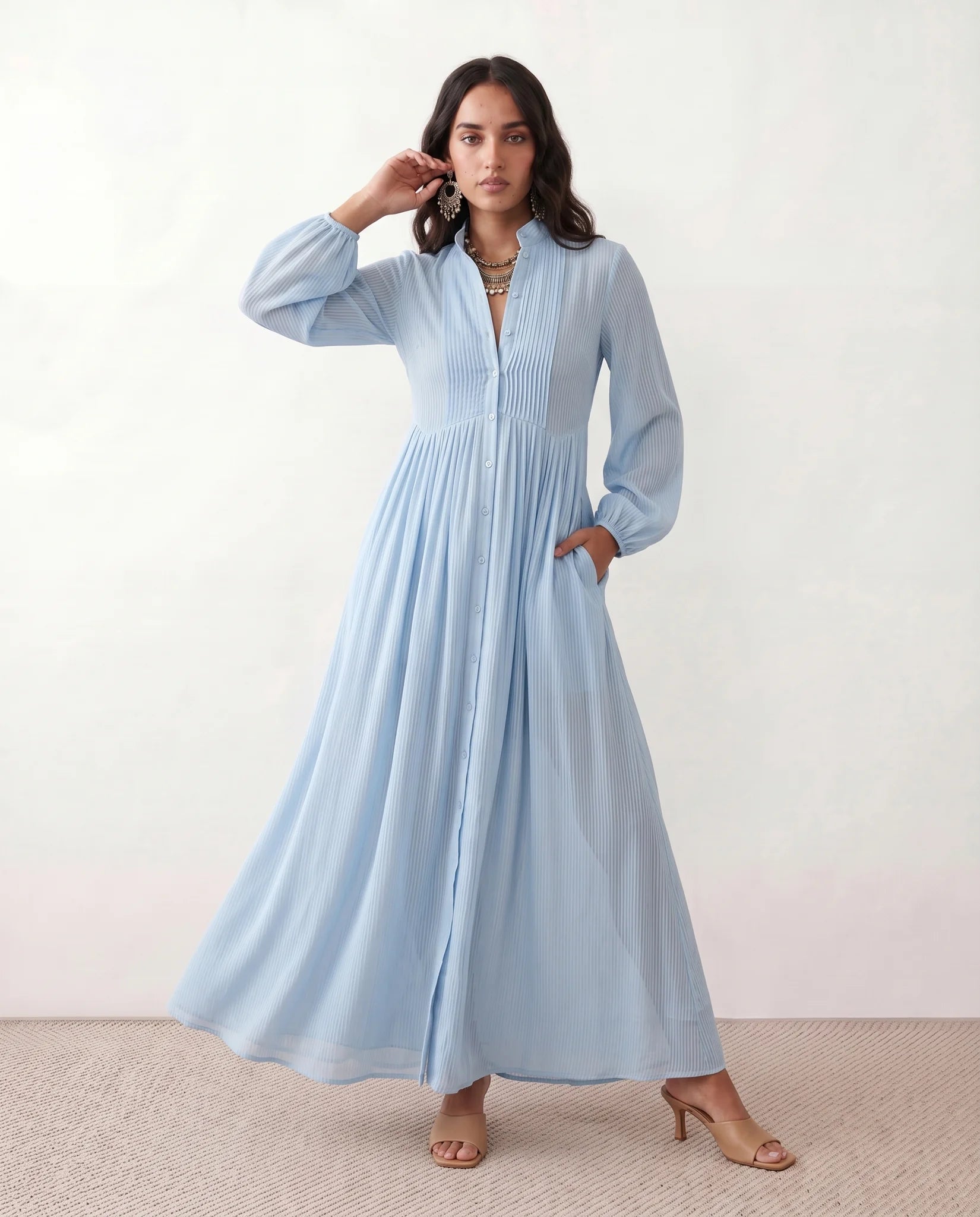 Raissa Wedding Guest Button Front Maxi Dress in Light Blue — front view